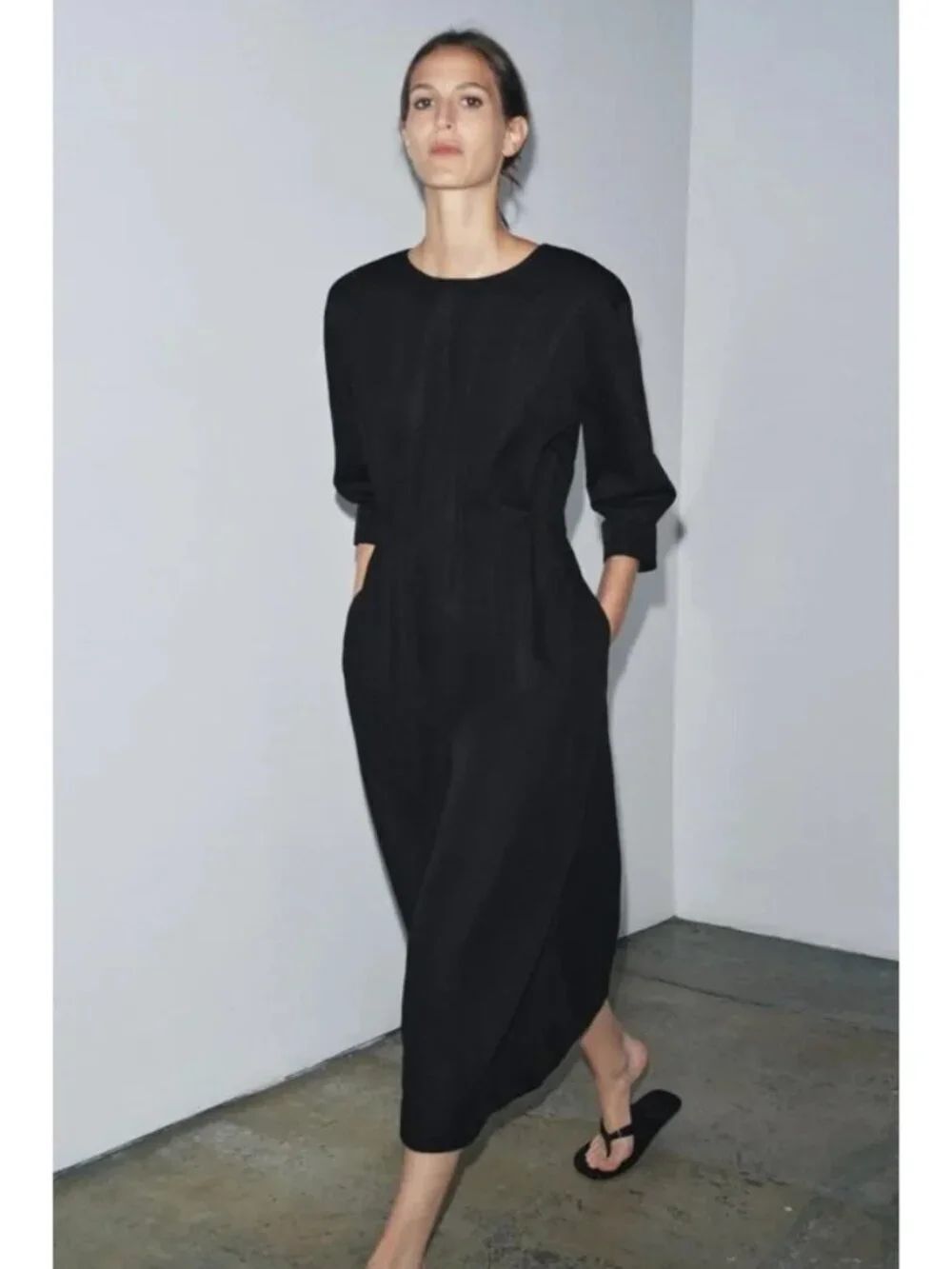 Zara Womens Dress Large Black Midi Cotton Linen Blend 3/4 Sleeve 4333/241 NWT